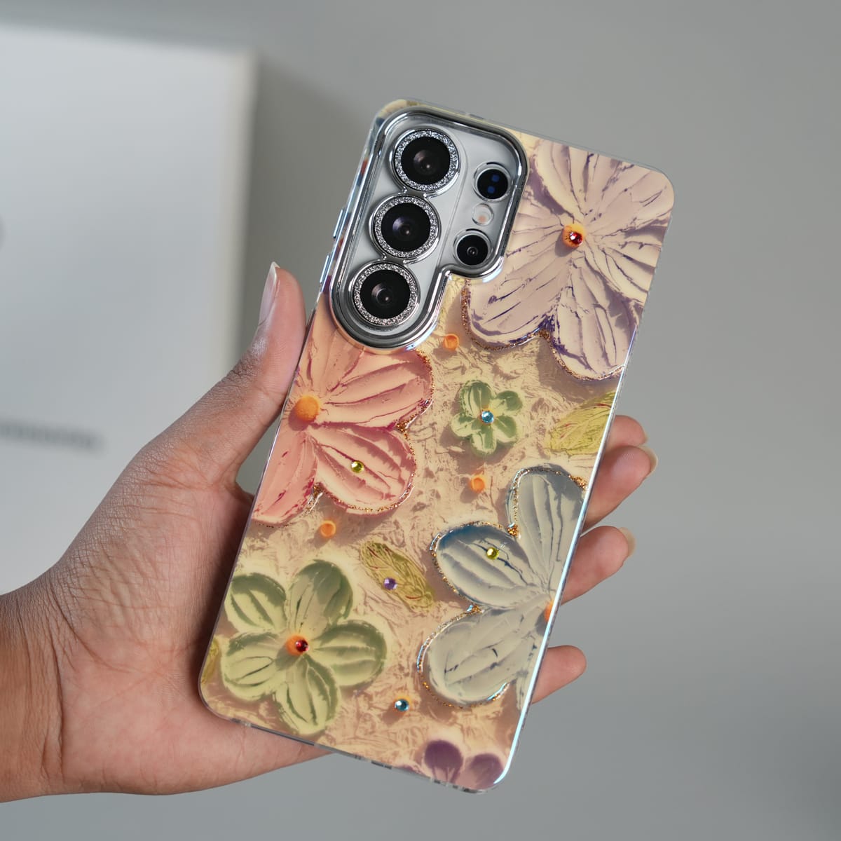 FRATO Galaxy Ultra Series Galaxy Ultra Series Luxury 3D Oil Painting Floral Design Glitter Lens Protection Stand Cover